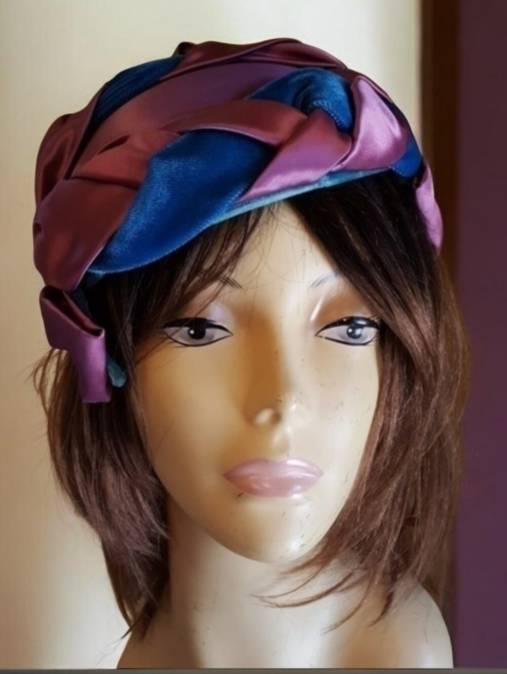 VINTAGE PINK  BLUE WEAVING TWIST BOW ON SIDES  CAPLET HAT TEA CHURCH‎ HAT
